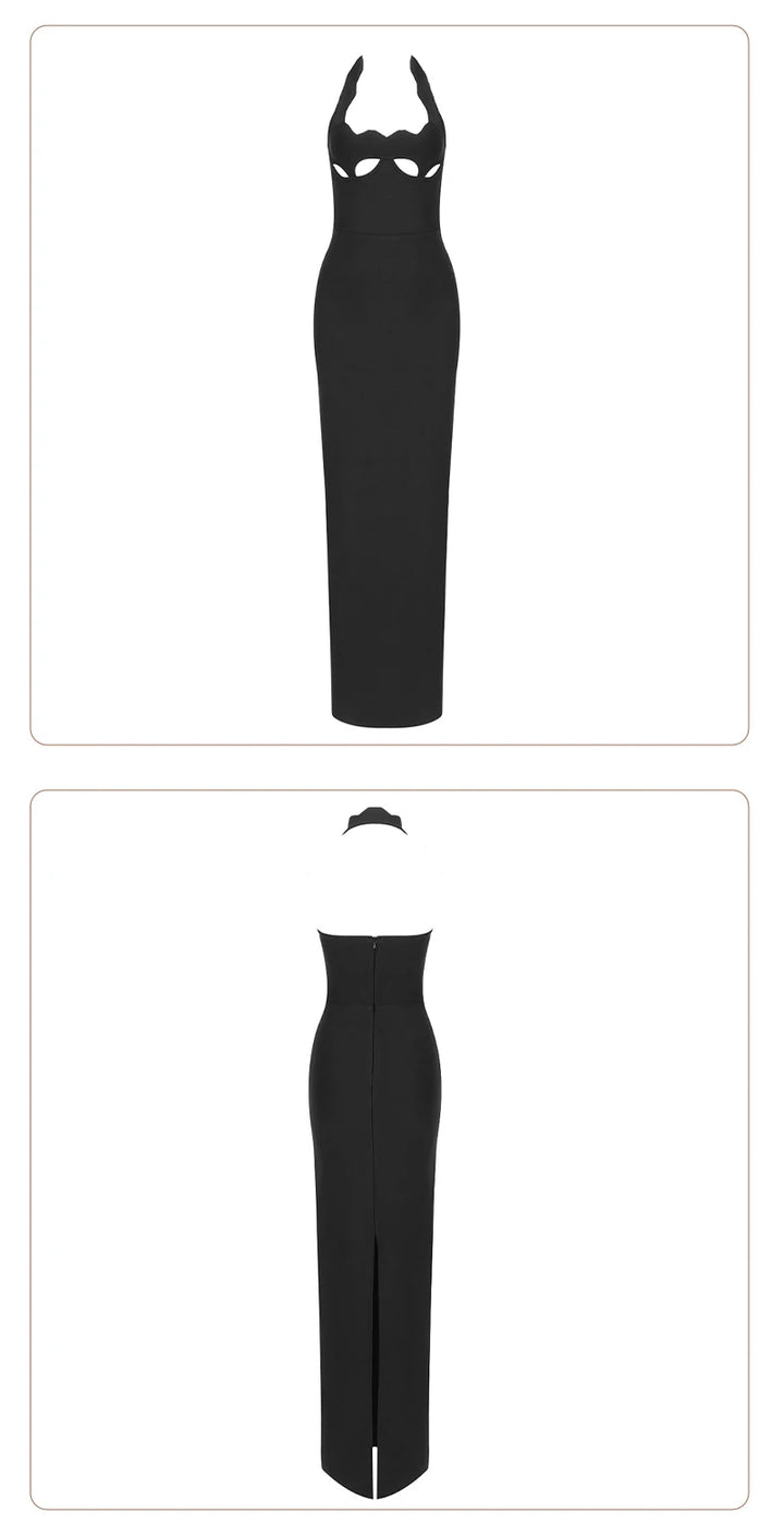 Vj Gachi Elegant Knit Halter Black Evening Gown