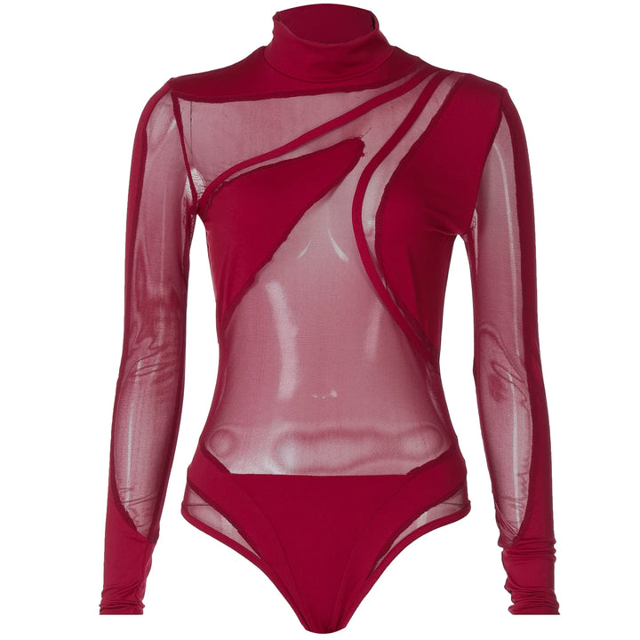 Hugcitar Black Turtleneck Sheer Bodysuit For Women