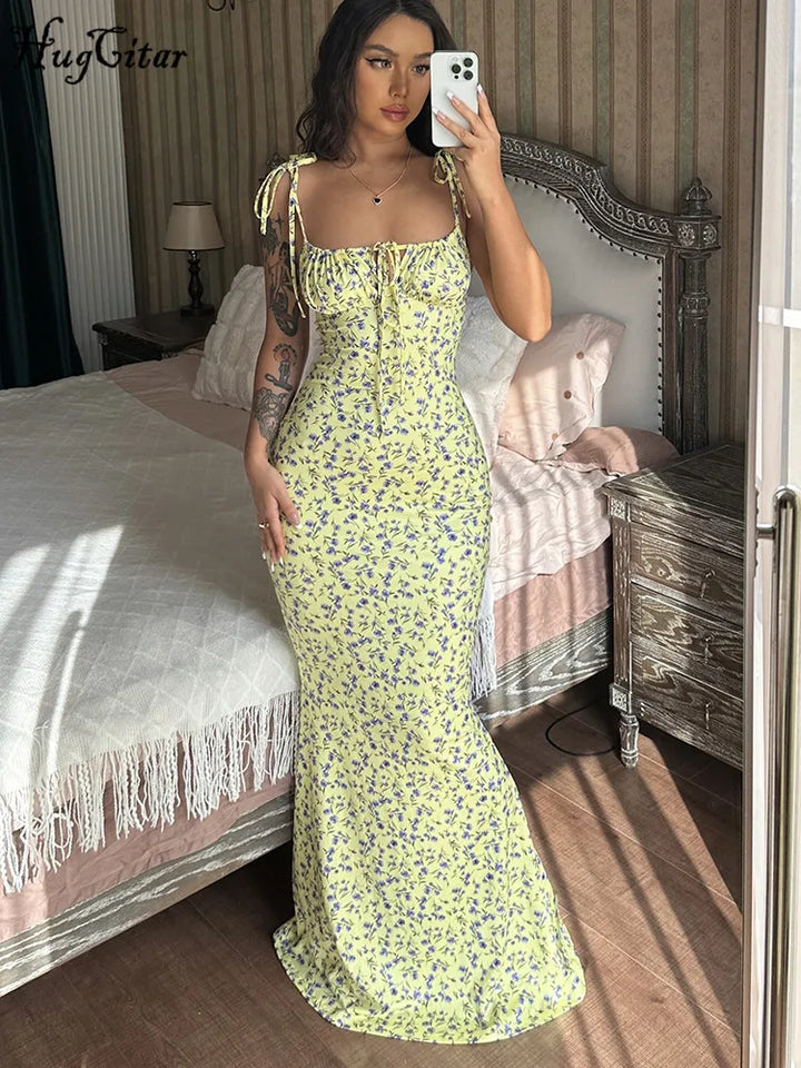 Hugcitar Floral Print Backless Lace Up Maxi Dress