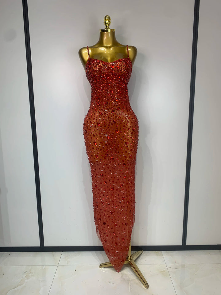 Rhinestone Mesh Bodycon Dress For Women Red Carpet