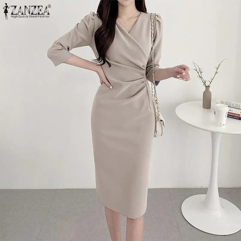 Elegant V Neck Bodycon Dress Fine Weave Workwear