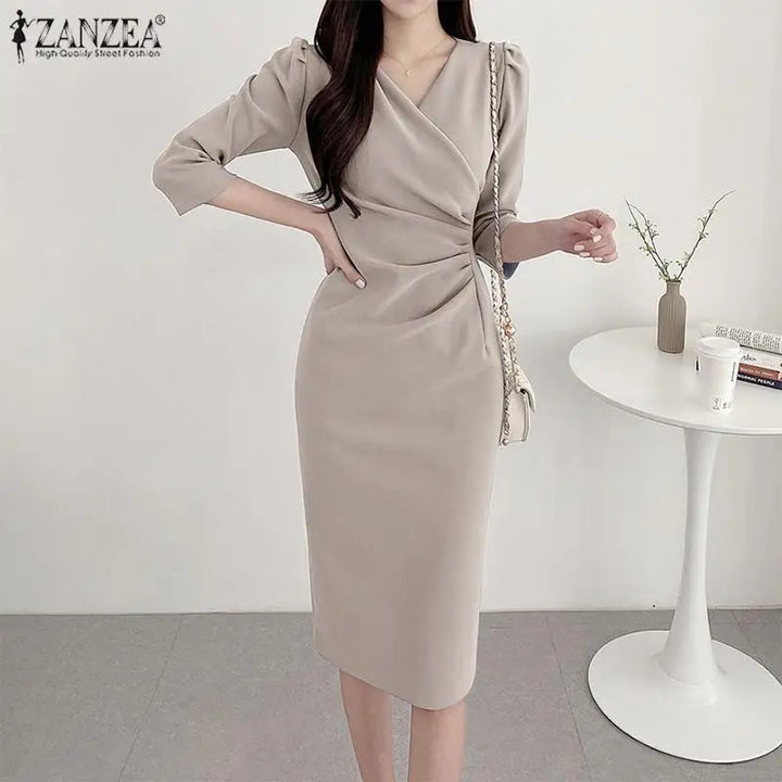 Elegant V Neck Bodycon Dress Fine Weave Workwear