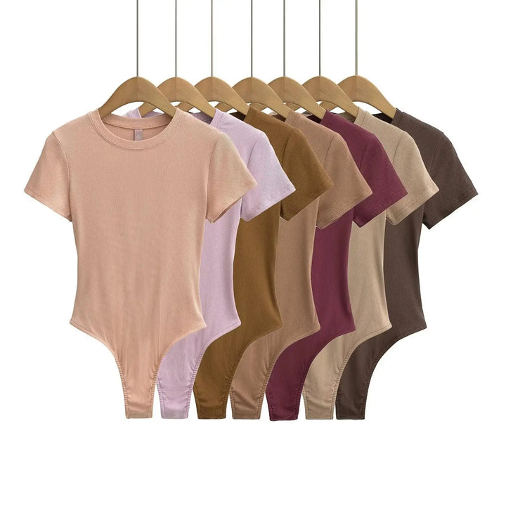 Women Summer Short Sleeve O-neck Slim Fit Knit Bodysuit