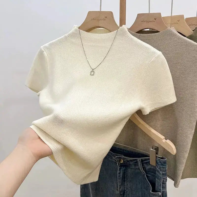 Basic Turtleneck Solid Thin Summer 2026 Pullover Women Female Knitted Sweater Slim Short Sleeve Bodycon Sweater