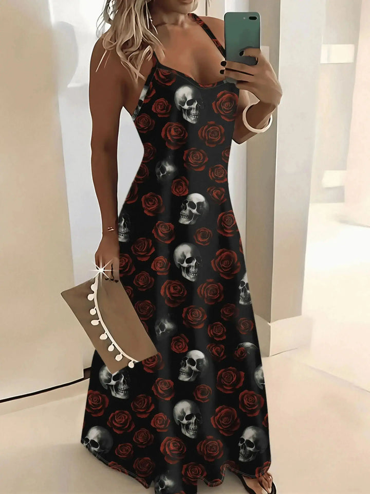 Edgy Silver Skull Red Rose Black Spaghetti Strap Maxi Dress