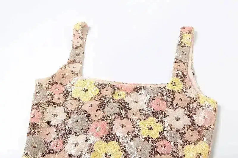 Elegant Floral Sequin Mini Dress With Spaghetti