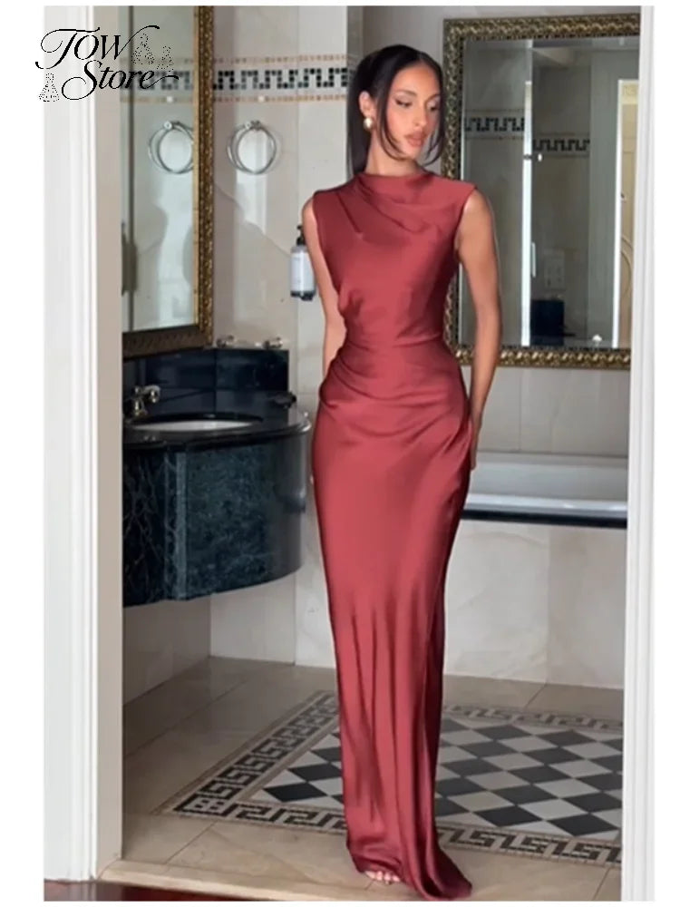 Solid Satin Cowl Neck Dress Women Sleeveless Elegant Ruched Waist Fishtail Bodycon Summer Party Elegance