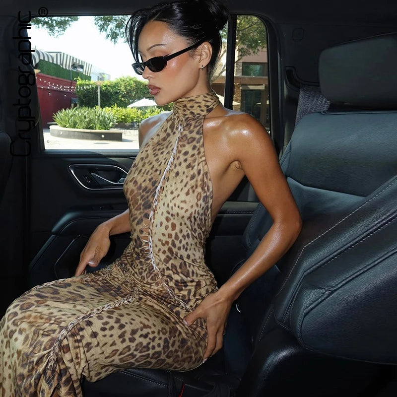 Leopard Maxi Dress With Halter Neck And Backless Design For Chic Evening Wear