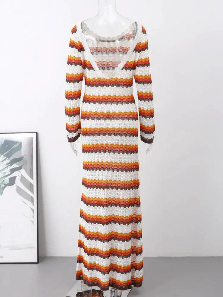 Bohemian Striped Ruffle Sleeve Bodycon Dress For Summer