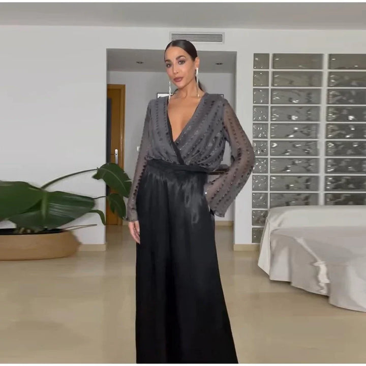 Elegant V Neck Layered Sequin Jumpsuit For Evening