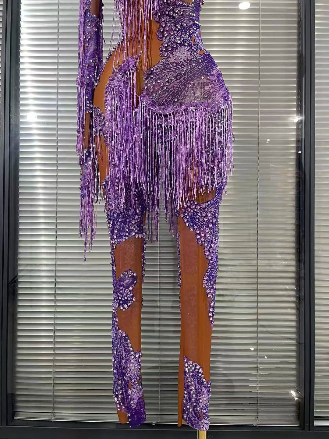 Elegant Purple Rhinestone Mesh High Waist Jumpsuit