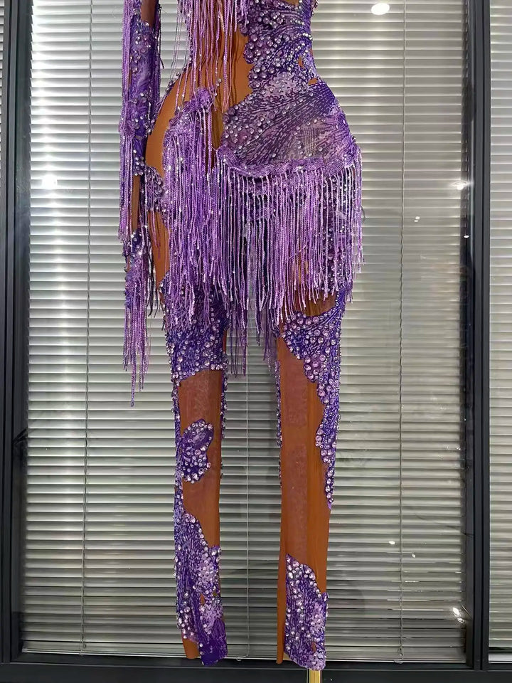 Elegant Purple Rhinestone Mesh High Waist Jumpsuit