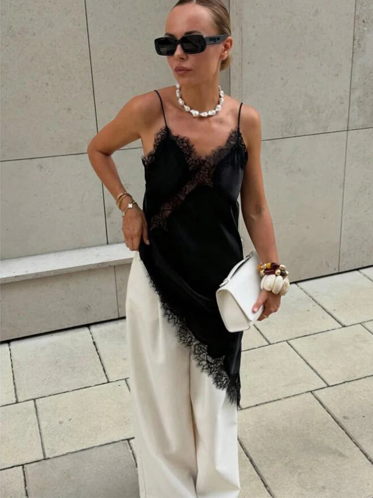 Satin Sexy Lace Spliced Short Sling Dress Women Sleeveless Backless Asymmetric Sexy Party Dresses 2026 Summer Lady Dress ﻿