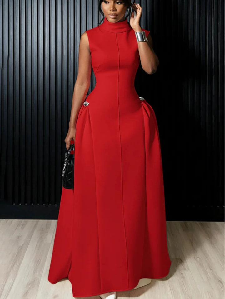 Elegant Women High Neck Sleeveless Fitted Maxi Dress For Formal Wedding Gal