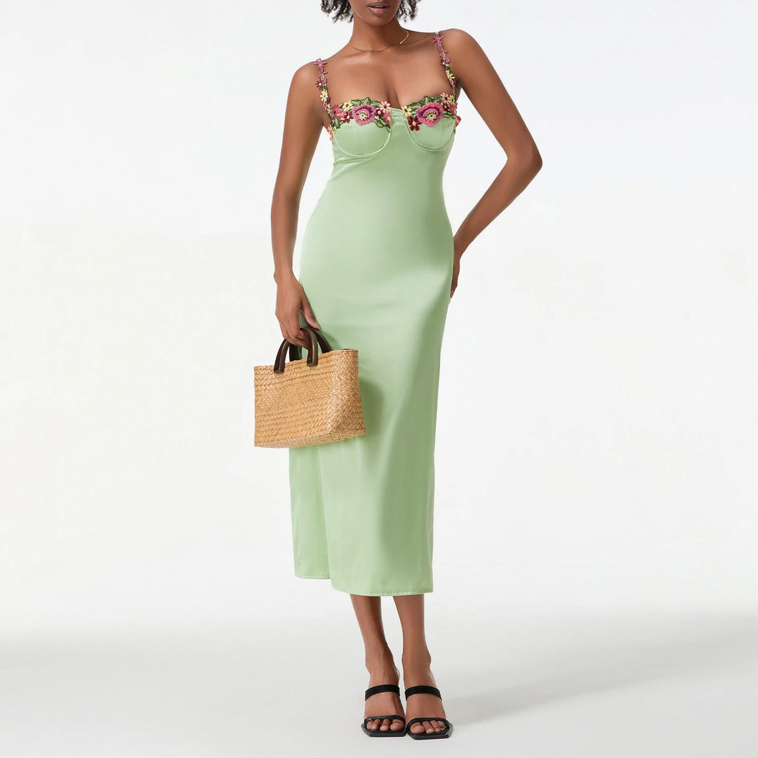 Satin Sling Bodycon Long Floral Dress Women