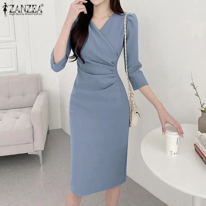 Elegant V Neck Bodycon Dress Fine Weave Workwear
