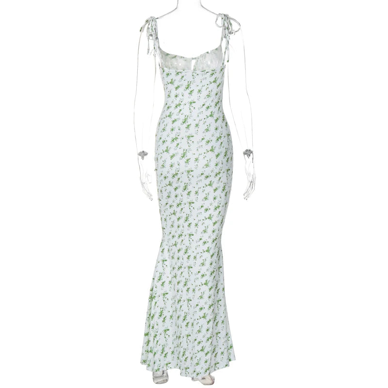 Floral Sleeveless Backless Lace Up Bodycon Maxi