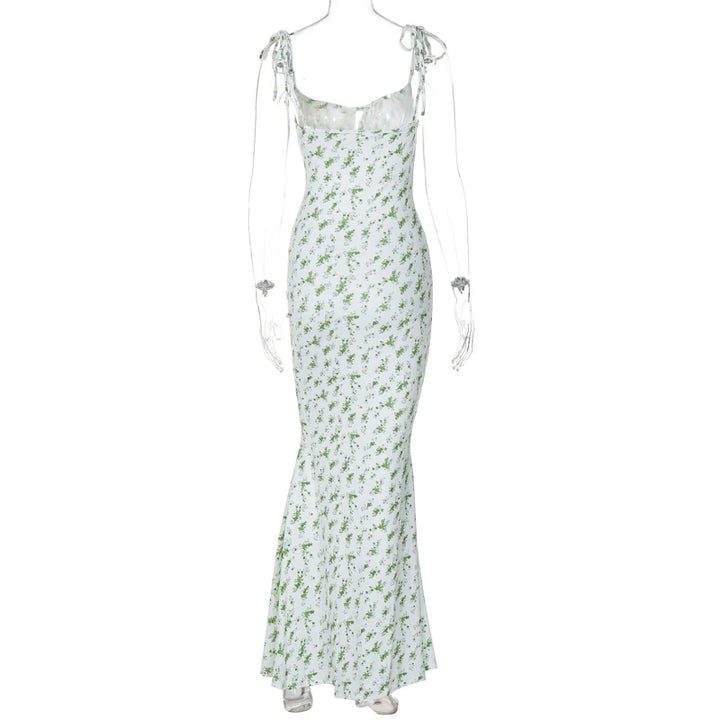 Floral Sleeveless Backless Lace Up Bodycon Maxi