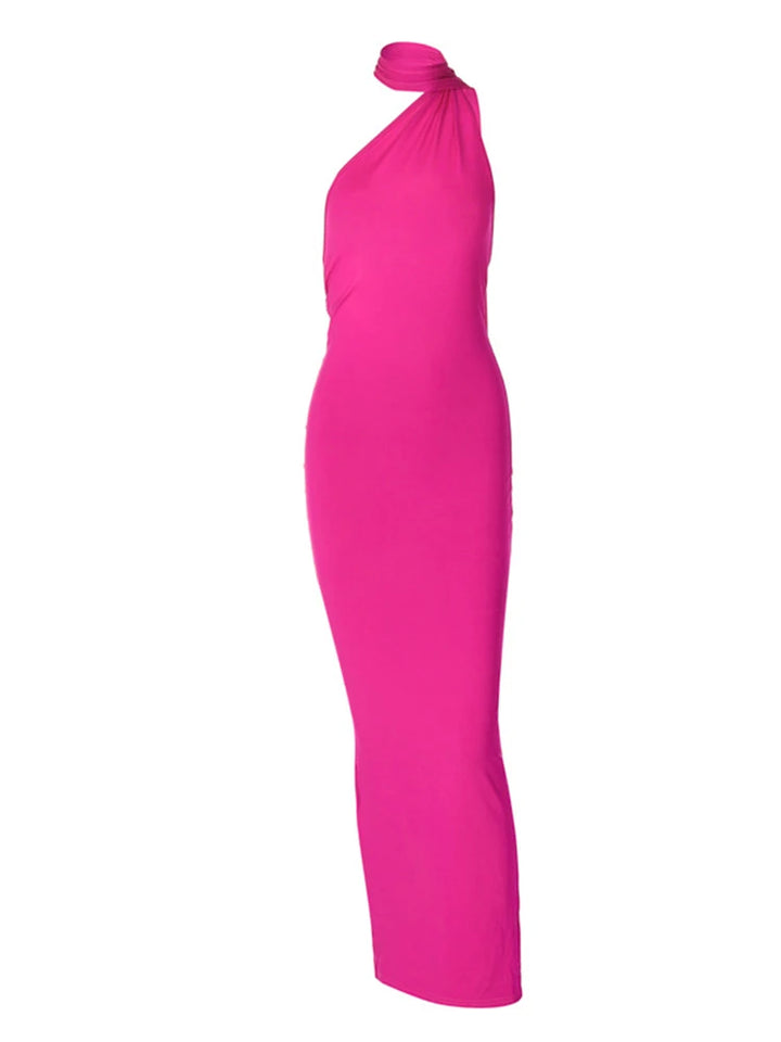 Neon Y2K One Shoulder Backless Ruched Maxi Dress