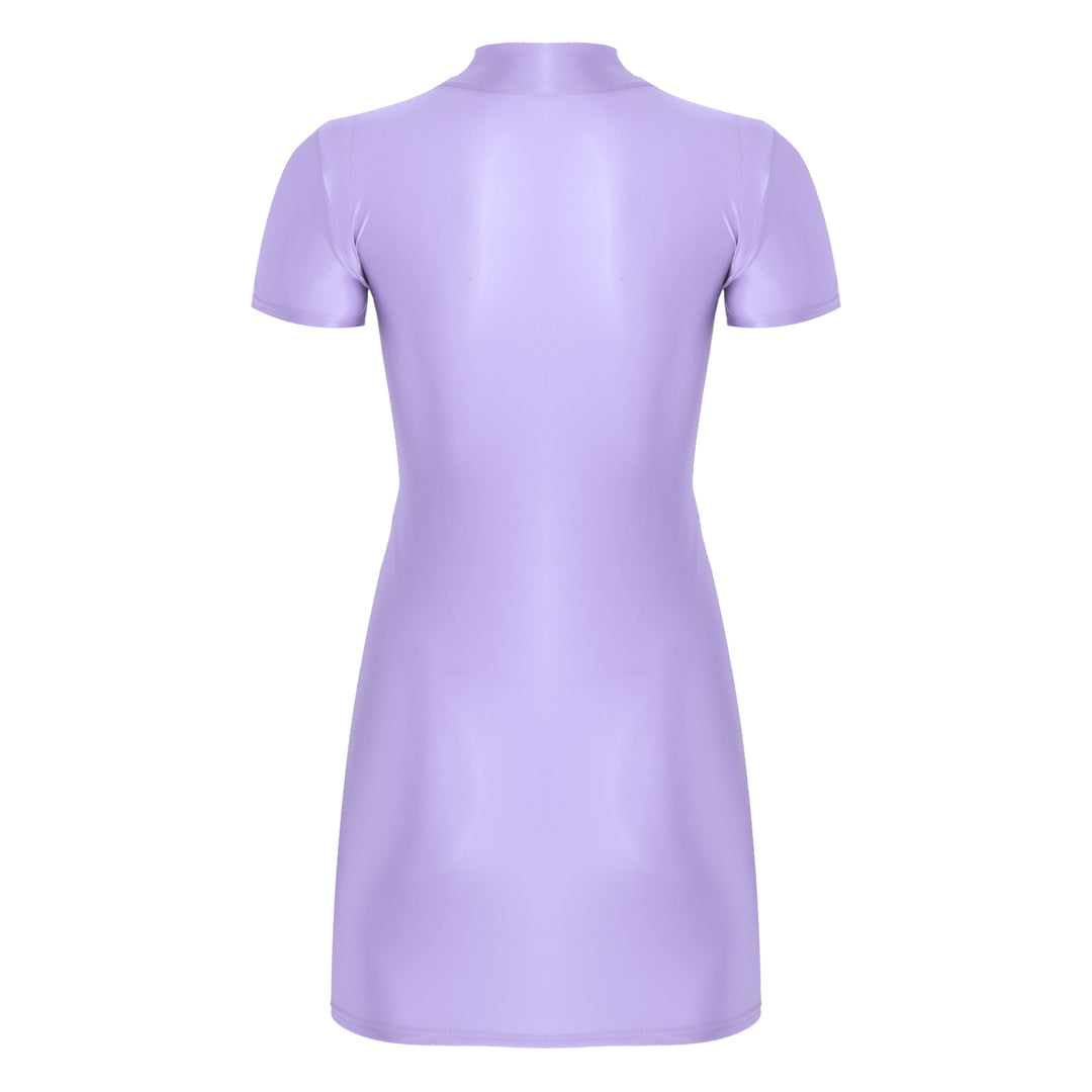 Signature Glossy Mock Neck Mini Dress For Tropical