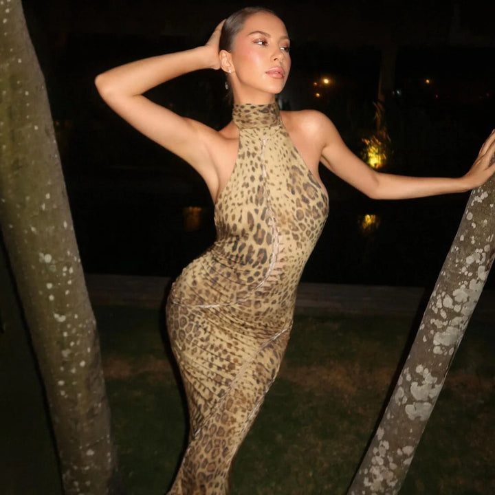 Leopard Maxi Dress With Halter Neck And Backless Design For Chic Evening Wear