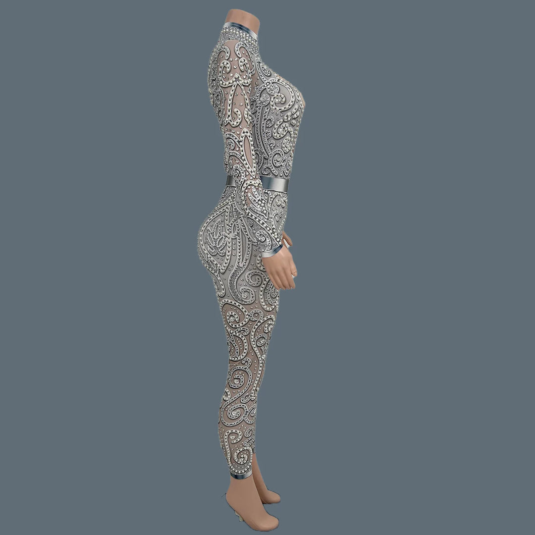 Women Sparkly Rhinestone Pearls Spandex Jumpsuit Nightclub Party Stage Performance Bodycon Wear Sexy Printing Jumpsuit Quanquan