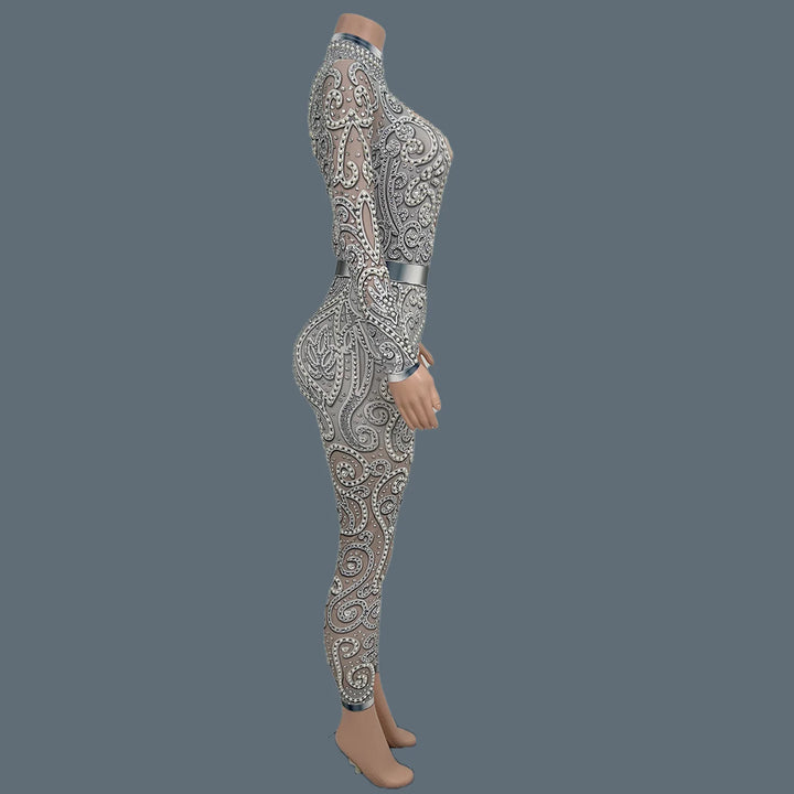 Women Sparkly Rhinestone Pearls Spandex Jumpsuit Nightclub Party Stage Performance Bodycon Wear Sexy Printing Jumpsuit Quanquan
