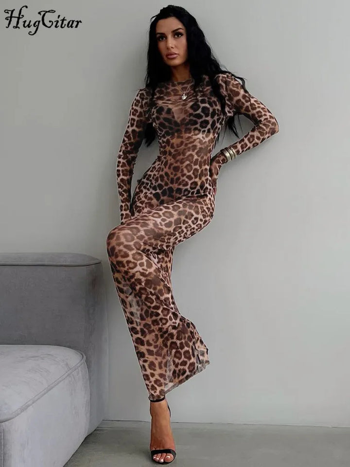 Hugcitar Leopard Mesh Maxi Dress For Beach And Club Nights