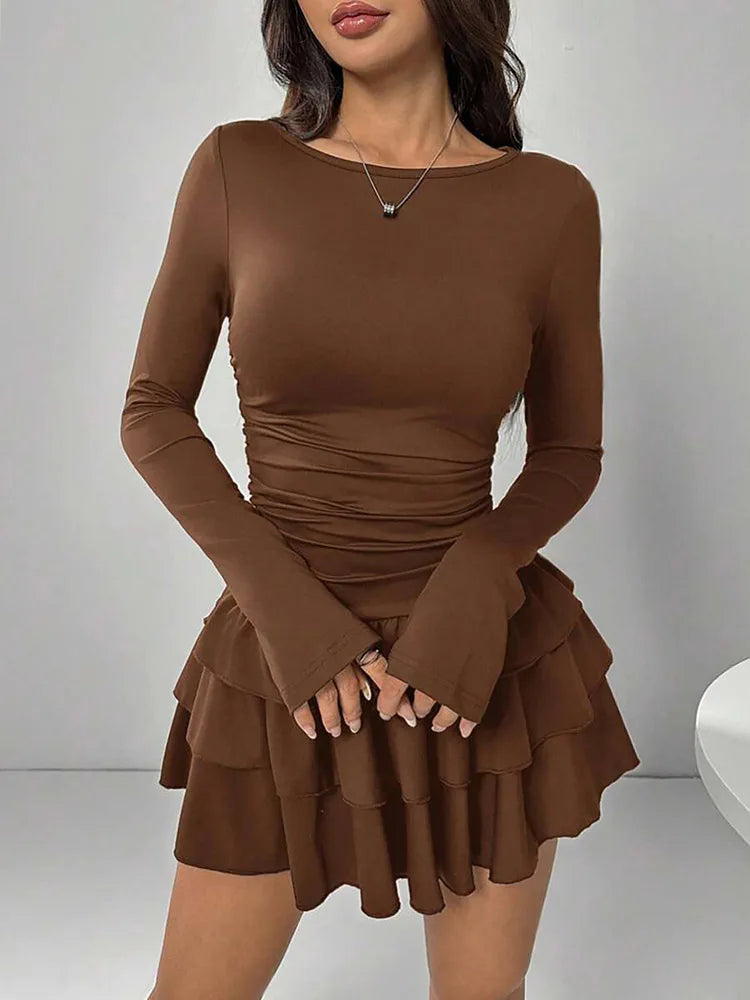 Autumn Winter Solid Color Slim Fit Ruffles Dress