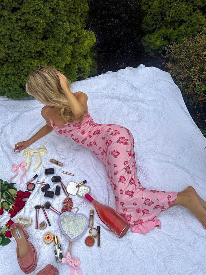 Pink Floral Y2K Bodycon Spaghetti Strap Party