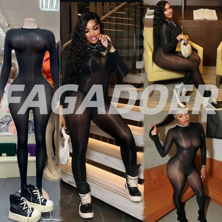 FAGADOER See Through Mesh Bodycon Jumpsuit Women