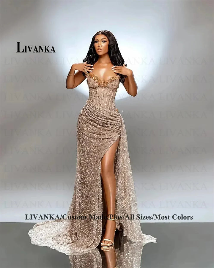 Livanka Sweetheart Mermaid Evening Dress Side Split High Waist Prom Gown With Beading