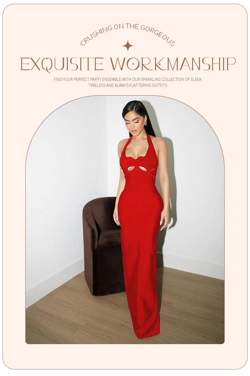Vj Gachi Elegant Knit Halter Black Evening Gown