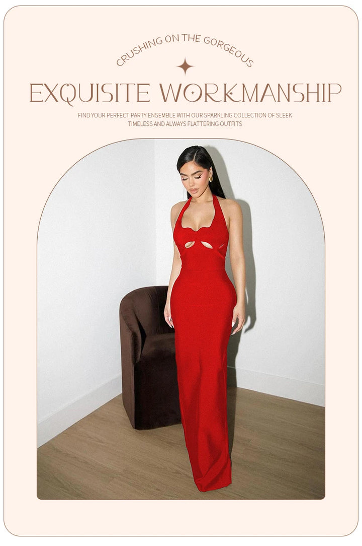 Vj Gachi Elegant Knit Halter Black Evening Gown