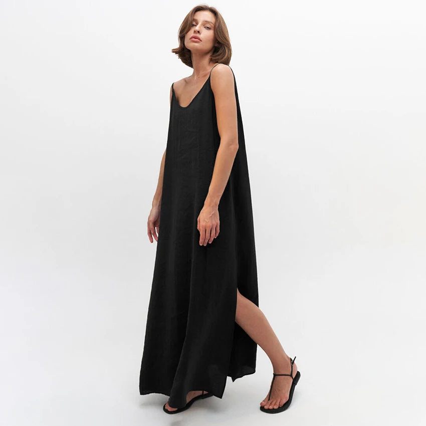 HiLoc Casual Loose White Long Dress Robe 2025 New Summer V Neck Dresses For Women Spring Sleeveless Straight Robes Nightgown