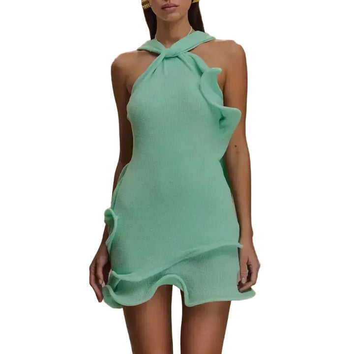 hirigin Women Knitted Halter Mini Dress Sleeveless Crochet Ruffle Edge Bodycon Short Dresses Y2k Sexy Beach Coverup Sundres