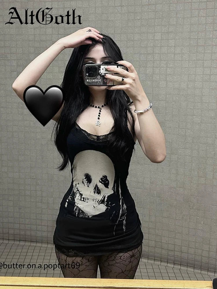 AltGoth Cyberpunk Skull Print High Waist Dress