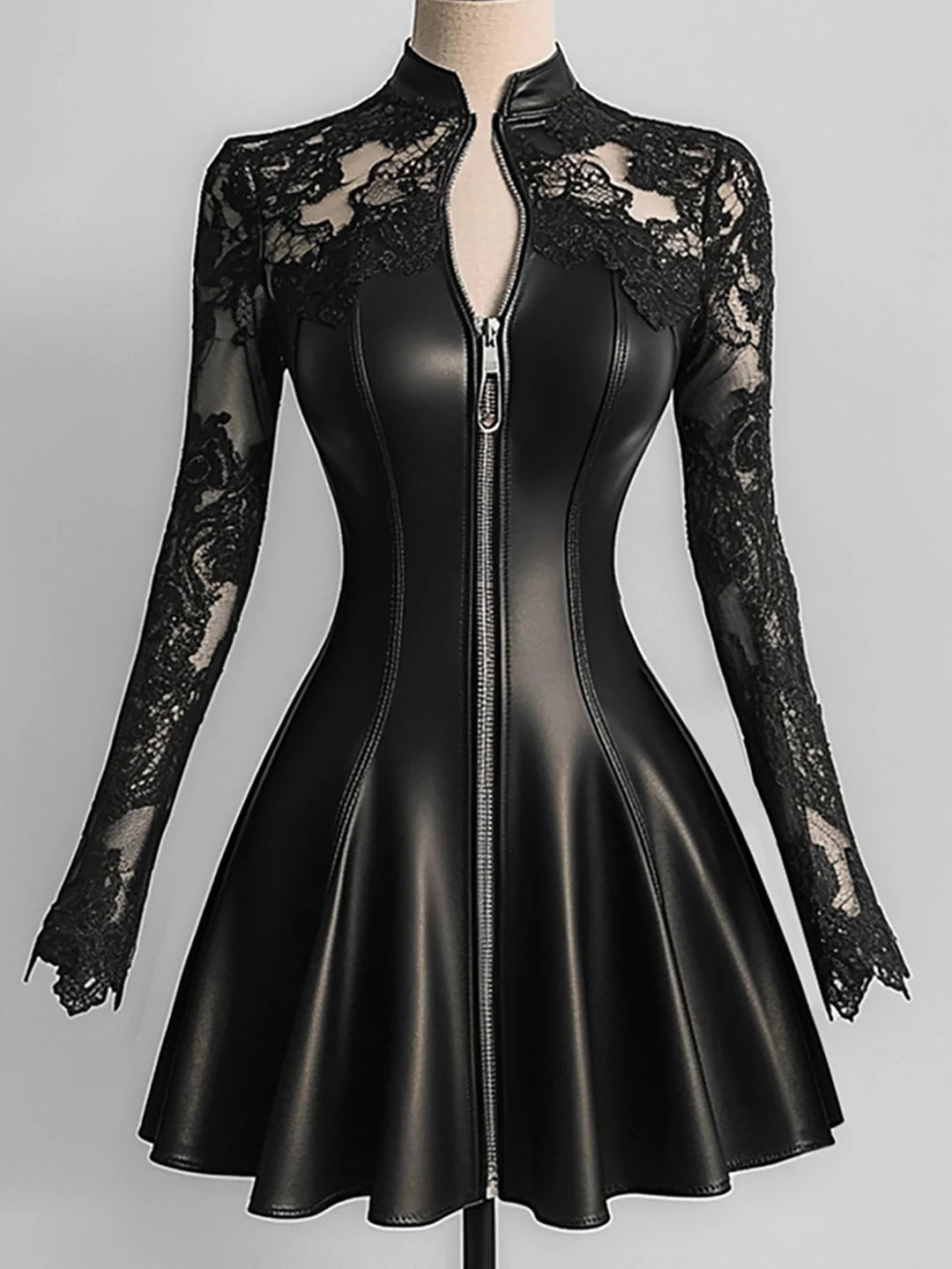 Limited Black Lace Plus Pu Leather Patchwork Dress
