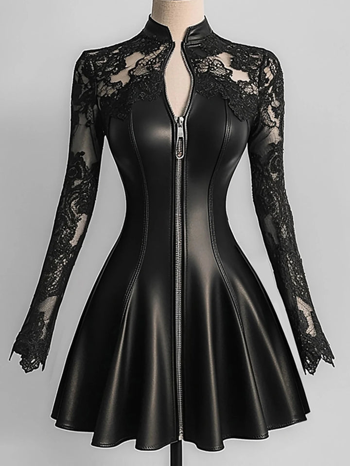 Limited Black Lace Plus Pu Leather Patchwork Dress