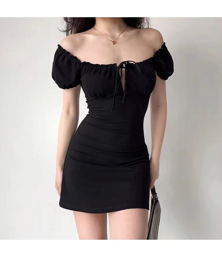 Chic Black Square Collar Mini Dress With Puff