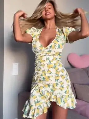 Flattering Printed V Neck Mini Dress Waist Cinch