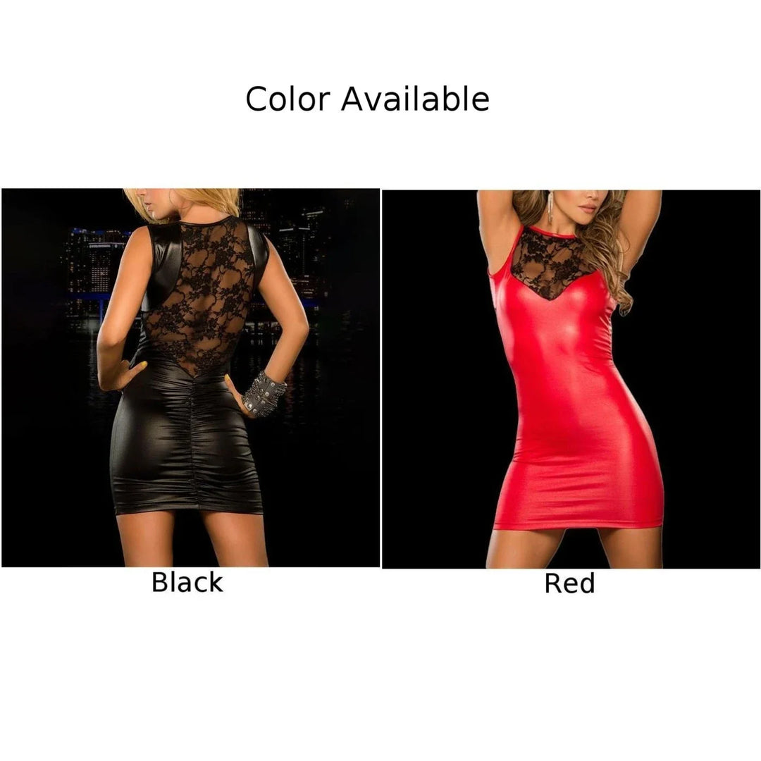 Sexy Wet Look PU Leather Lace Bodycon Mini Dress