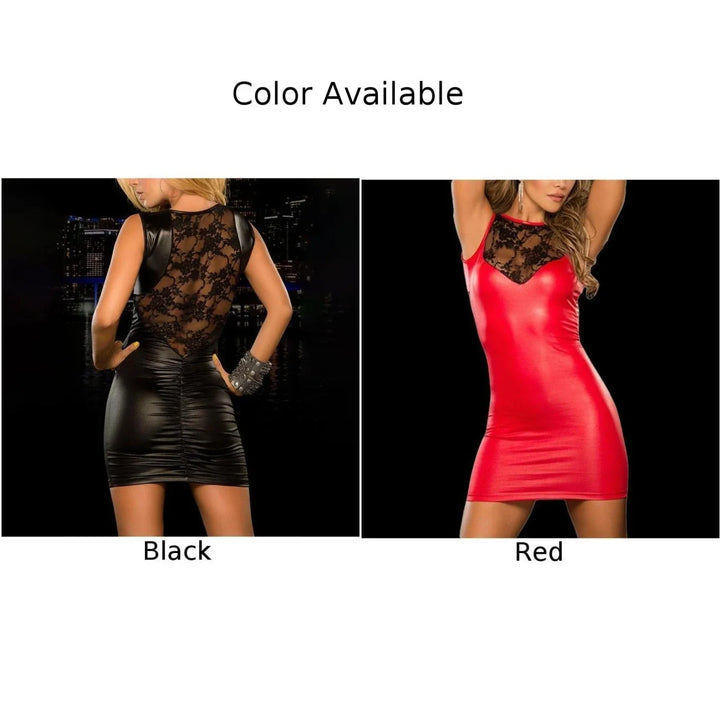 Sexy Wet Look PU Leather Lace Bodycon Mini Dress