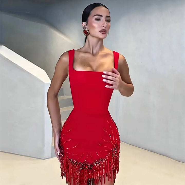 Women Sleeveless Bandage Dress Beading Tassel