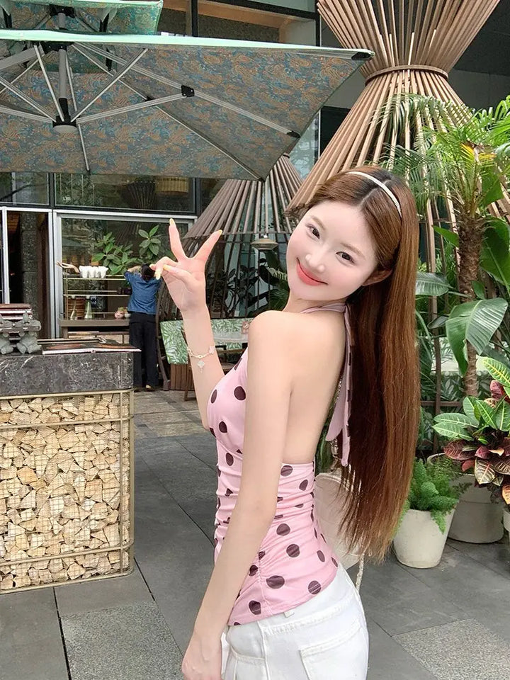 Summer Women Sexy Polka Dot V Neck Halter Cami Top Backless Slim Waist French Style Spicy Trendy Sleeveless Vest Fashion Outwear