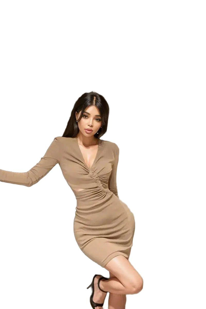 V Neck Pleating Slim Fit Dress Hollow Out Bodycon Chic