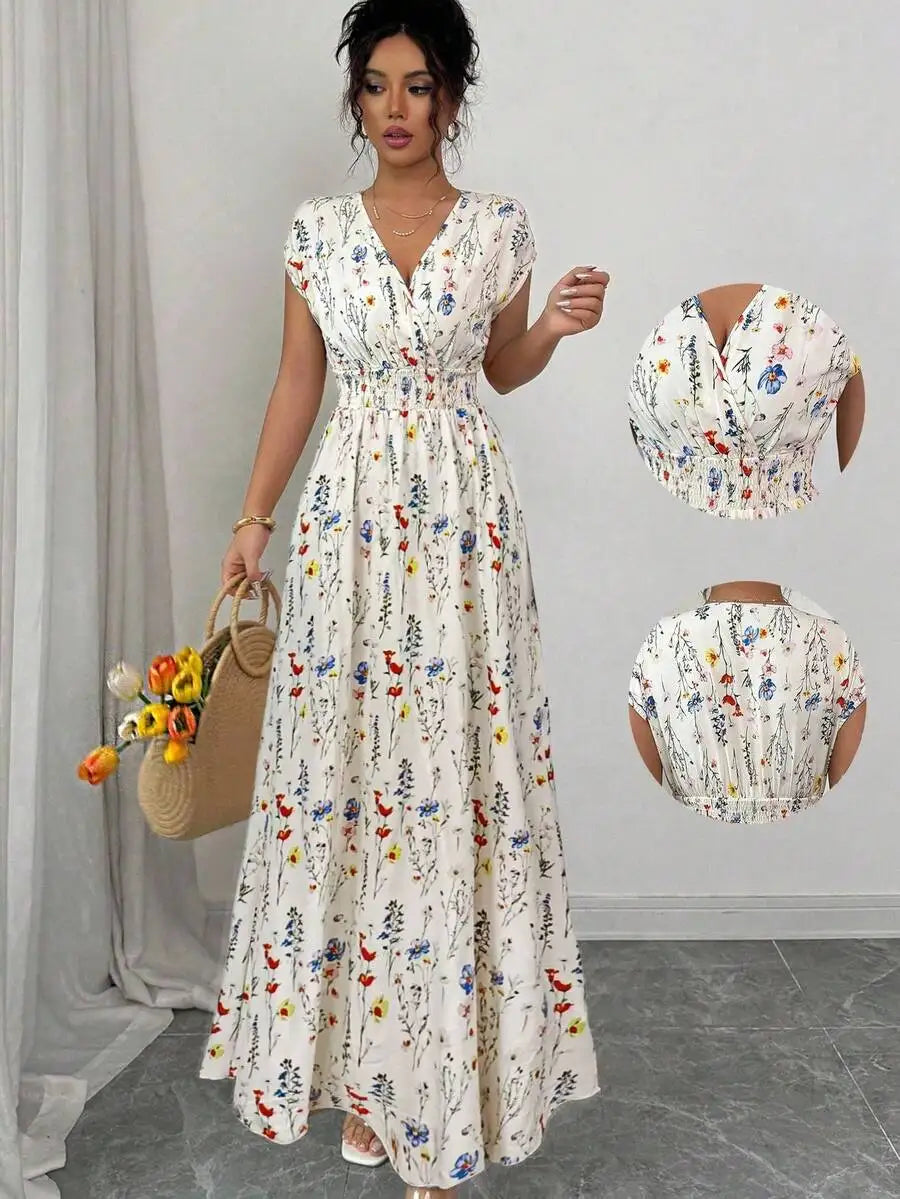 Charming Ditsy Floral V Neck Waisted Maxi Dress