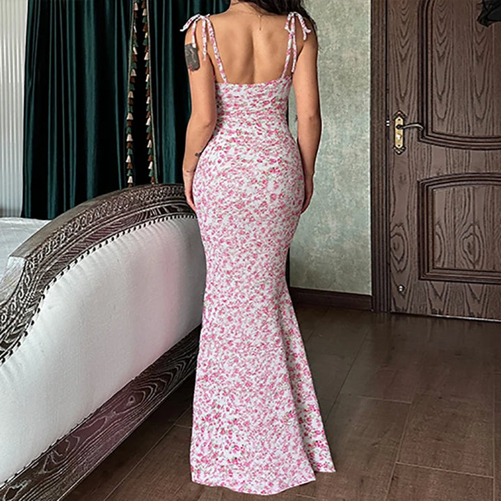 Floral Sleeveless Backless Lace Up Bodycon Maxi