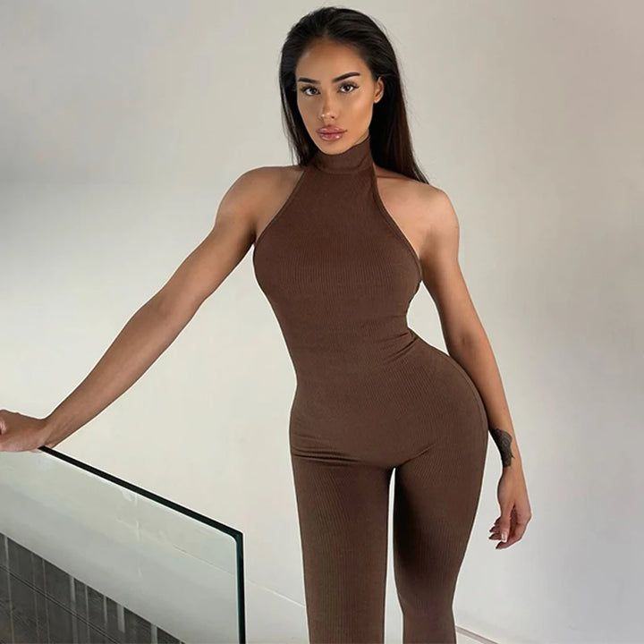 Elegant Ribbed Knit Halter Neck Bodycon Jumpsuit