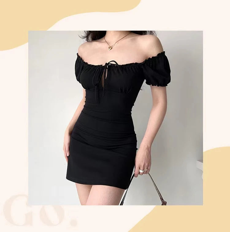 Chic Black Square Collar Mini Dress With Puff